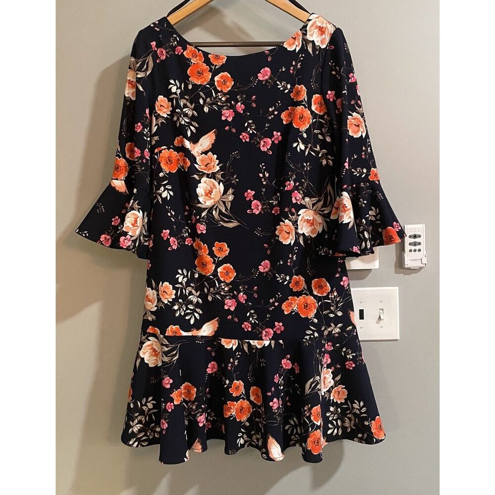 Eliza J Dress Sz 12 Dark Floral Birds Ruffle Bell Sleeve Cocktail Whimsigoth